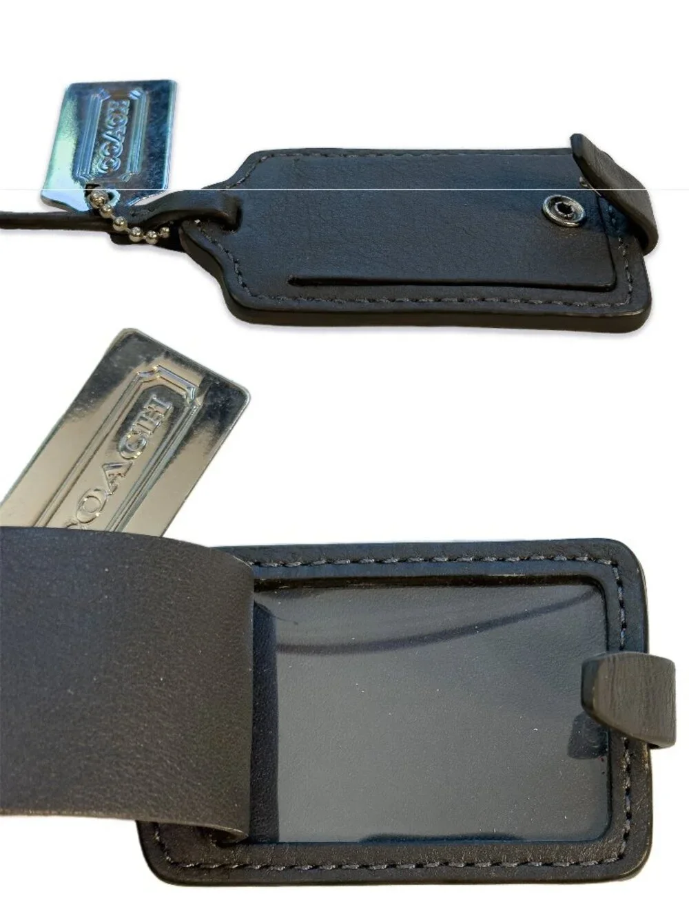 Coach Grey Leather Luggage Bag Tag with Metal Coach Keychain Tag
